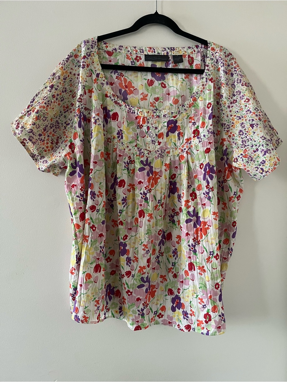 Vintage White Pink Floral Print Peasant Blouse 3X Cottagecore Grandmacore